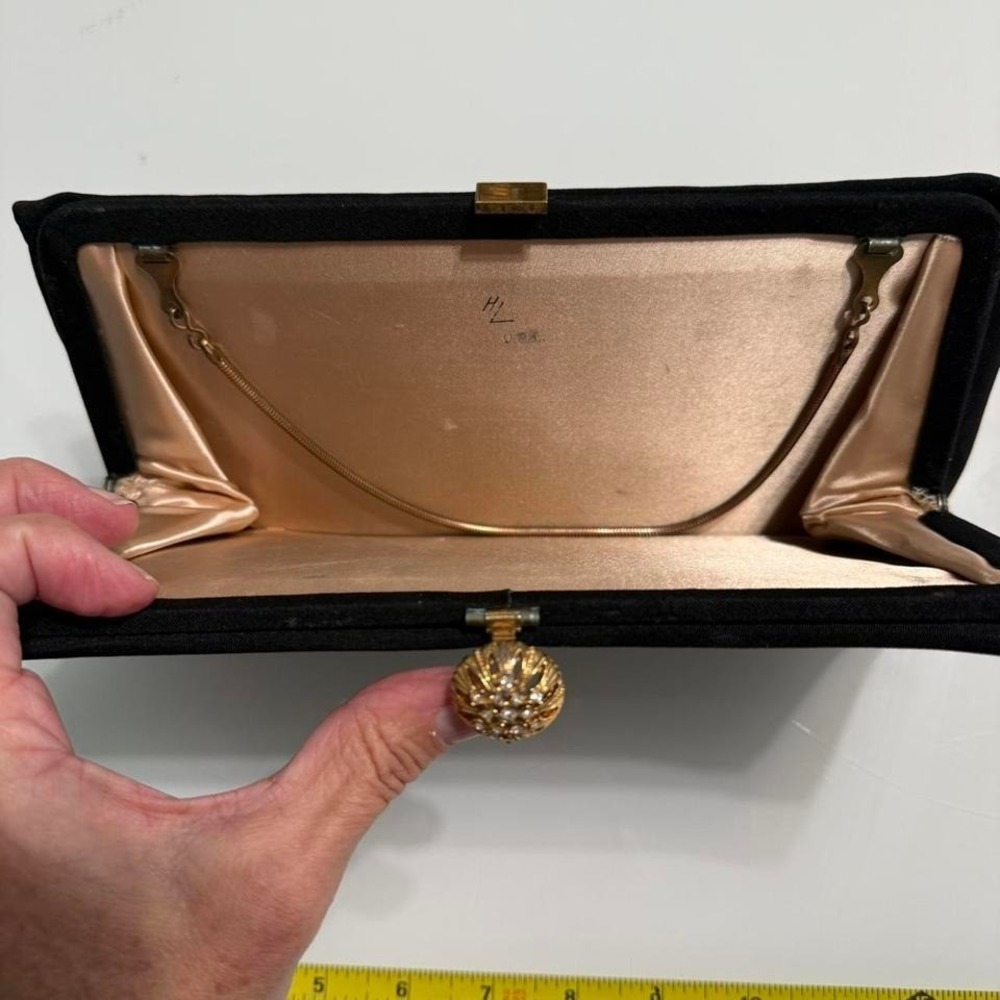 Vintage Black taffeta clutch with gold‎ tone hardware and beaded closure